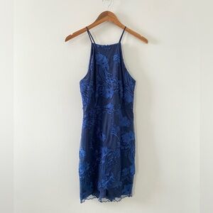 Mystic Navy Floral Embroidered Mesh Overlay Dress